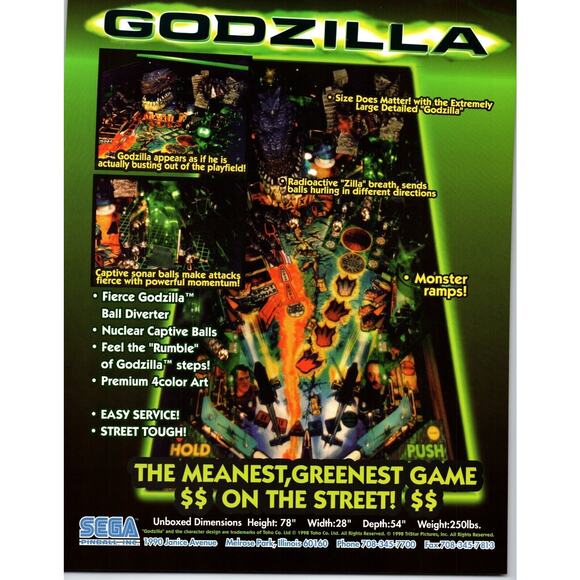 Godzilla Pinball Machine FLYER Original 8.5" x 11 Art 1998 Horror Monster Movies - Picture 2 of 2